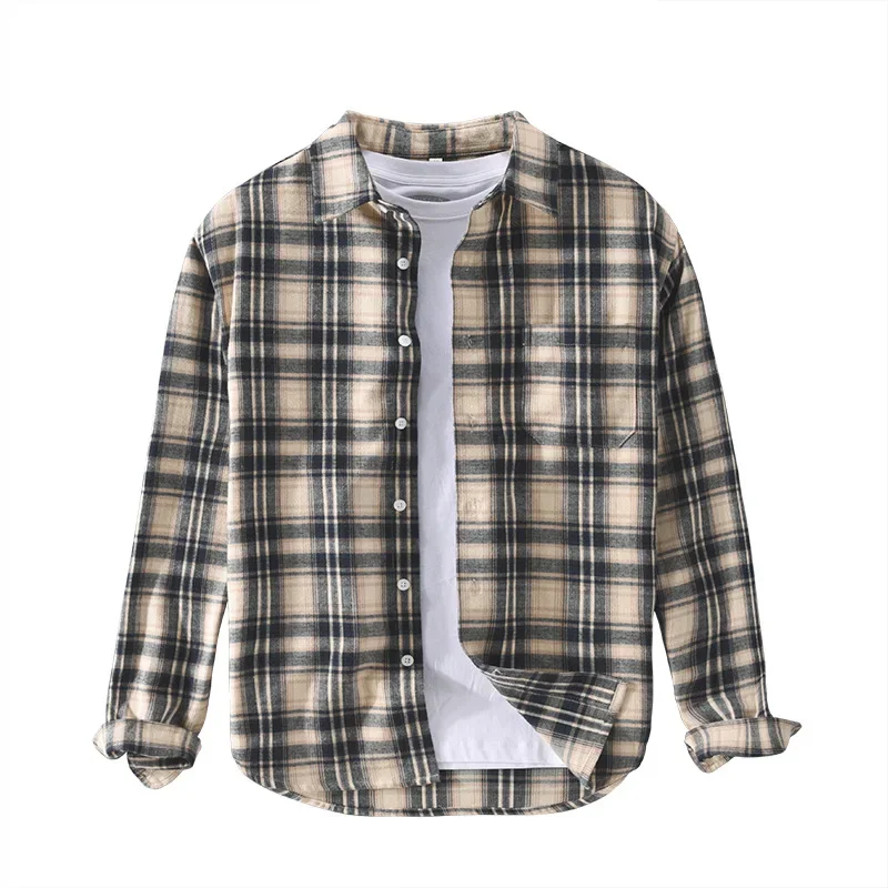 

Vintage plaid long sleeved shirt for men's Korean version trendy loose spring and autumn coat trendy brand shirt