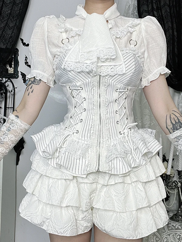 Gothic Sle White Duch Top Set Cosplay Street Snap Faion Subculture Lolita Women's Midweight  Collar irt Suit