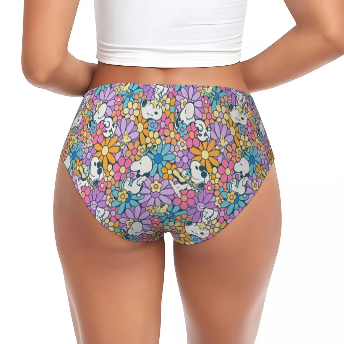 Custom Snoopy & Woodstock Flower Brief Panties Womens Stretch Underwear