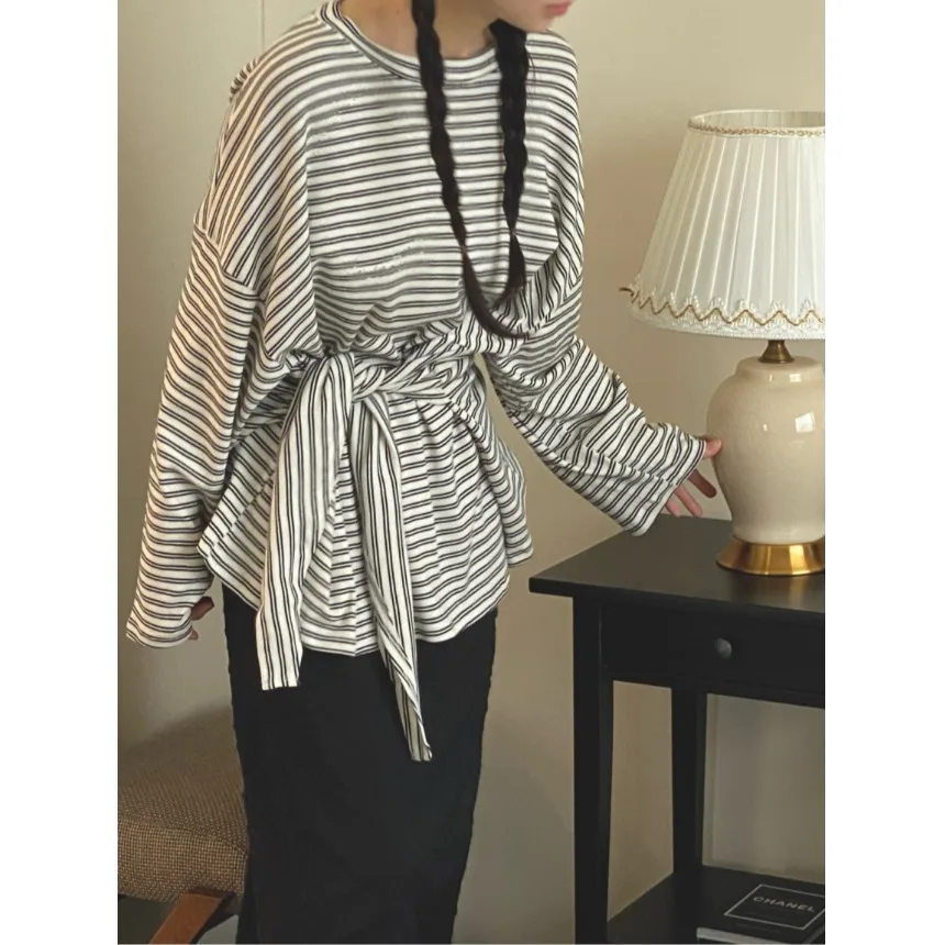 Loose Striped T-Shirt with Waist-Cinching Belt Casual Style Long Sleeve Women's Fashion Autumn Wear Comfortable Fit Batwing S...