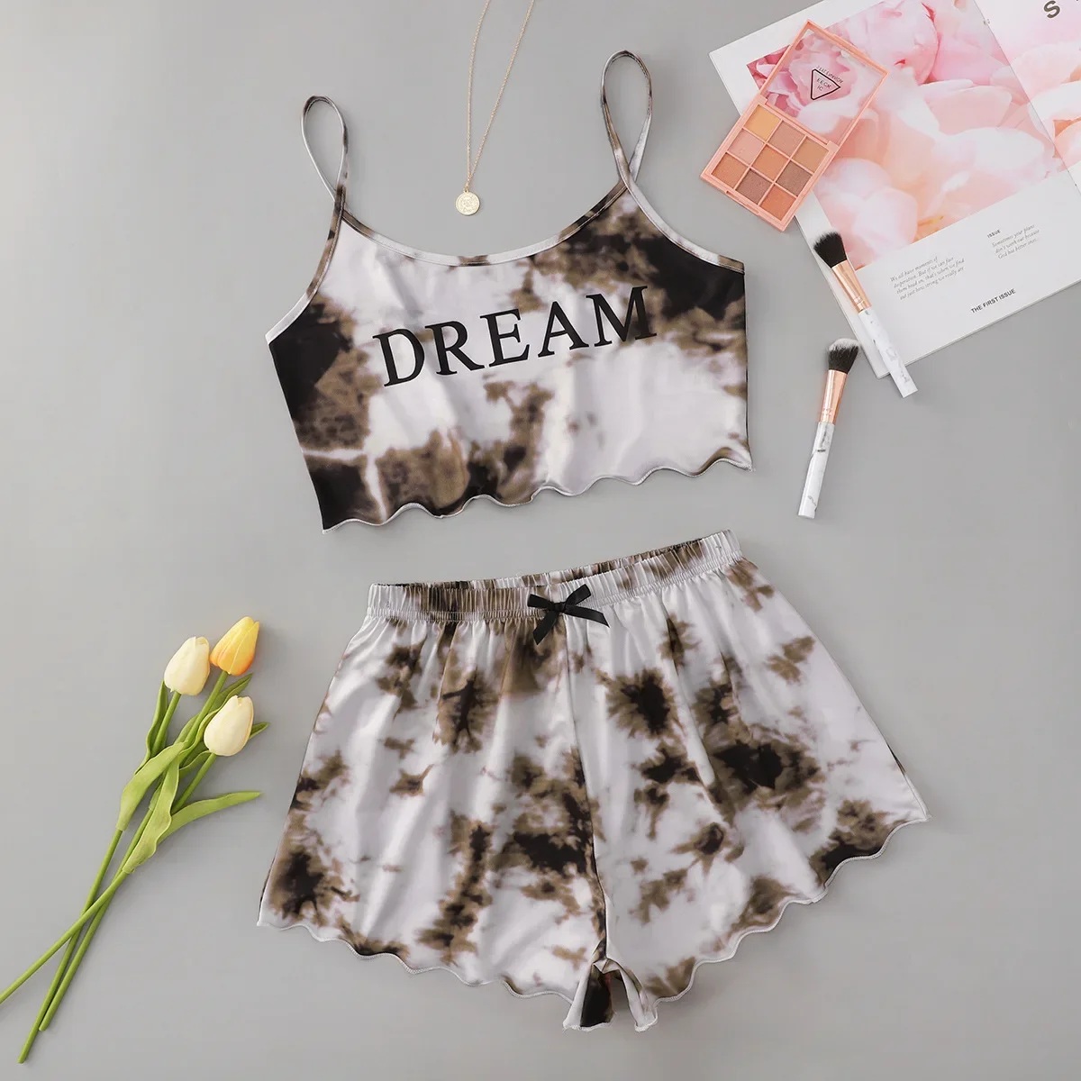 summer Pajamas Sets Women Sleepwear Sexy Lingerie Cute Tie-dyed Print Sleeveless O-Neck Thin Tops with Shorts Set Underwear