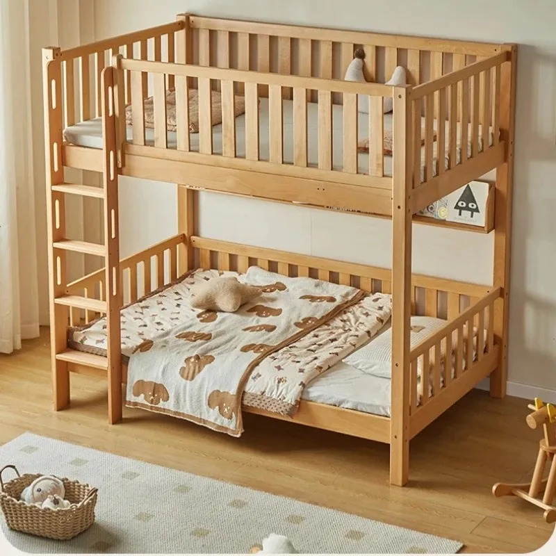 Q Double-Layer Solid Wood Height-Adjustable Bed up and down Raised Guardrail Children's Beech Bed