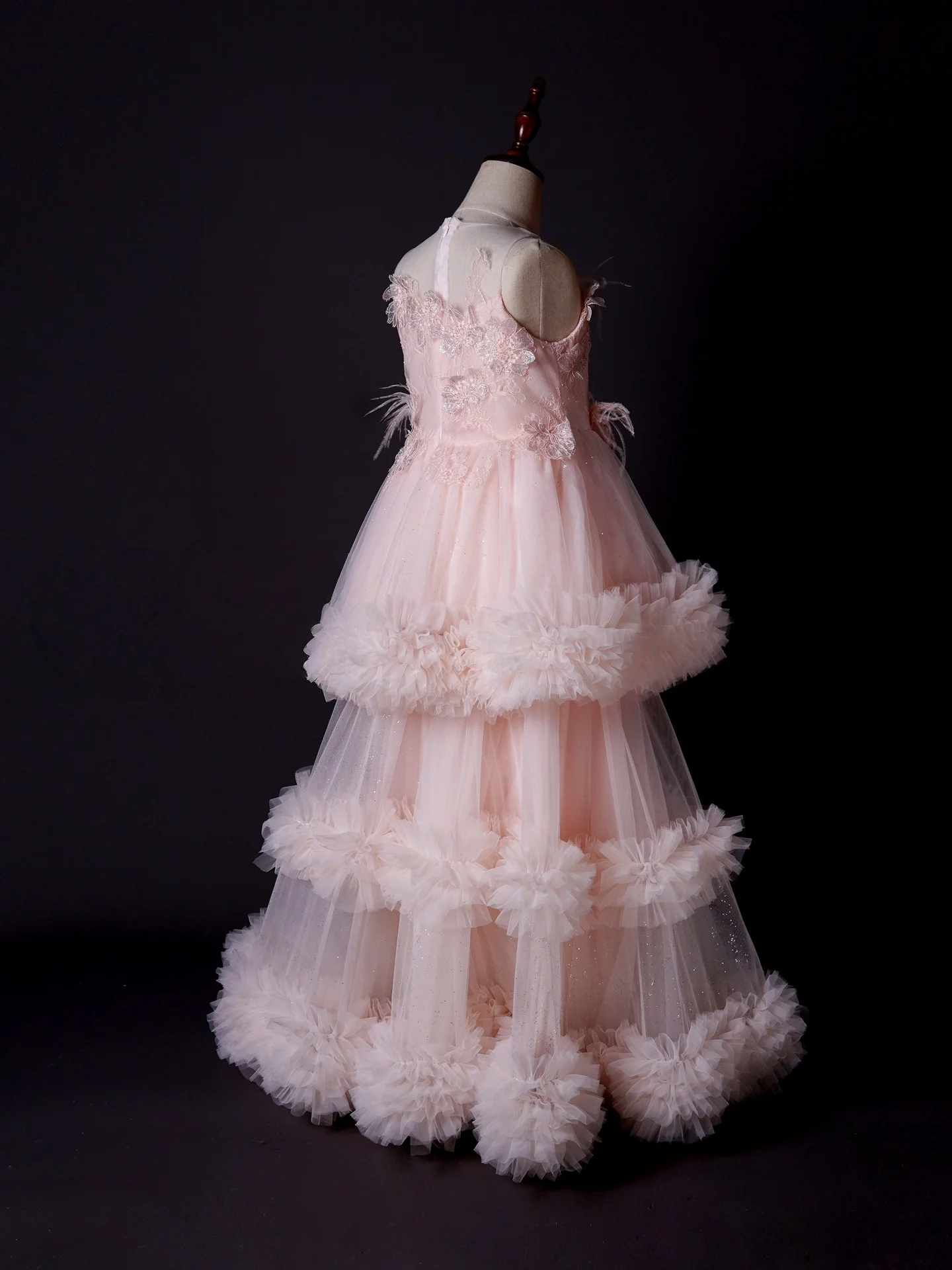 Custom JDY High Sleeveless 3D Floral Feather Tiered Ruffle Tulle Flower Girl Dress Wedding Party Gown Birthday Pageant Dress فسا