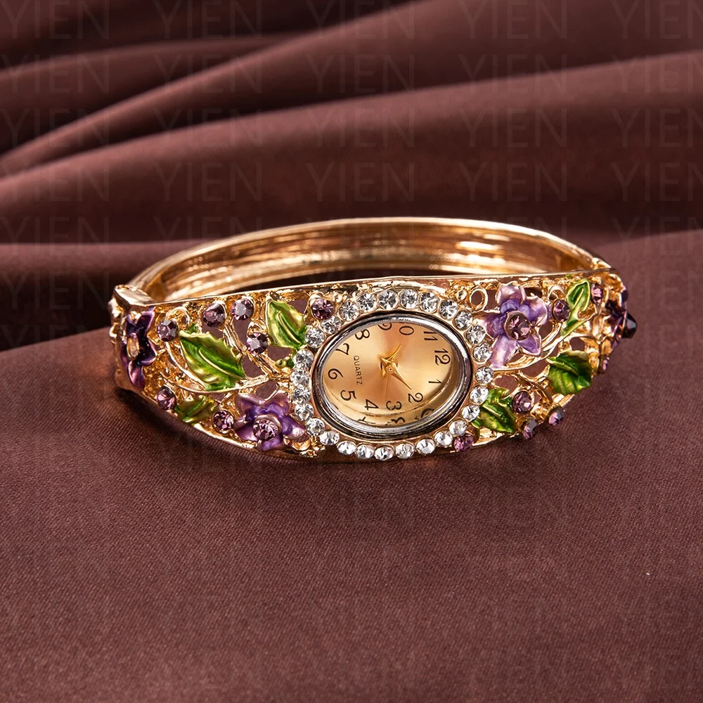 المرأة الإسورة سوار ساعة فاخرة ريترو كريستال زهرة ساعات كوارتز للمرأة موضة أنيقة السيدات ساعات المعصم Reloj Mujer