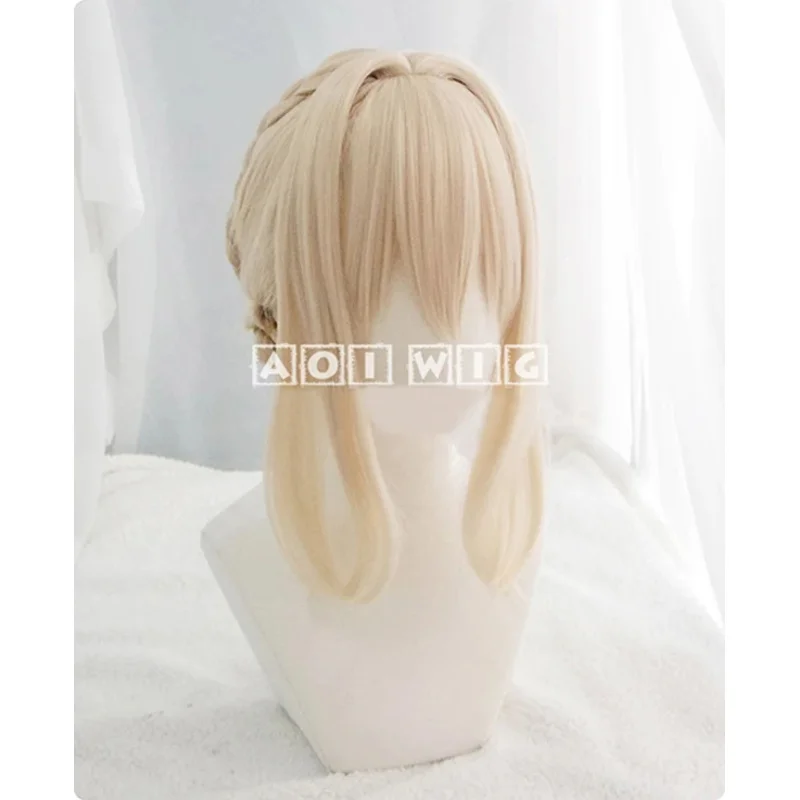2025 yiyi 바이올렛 에버가든 짧은 밝은 금발 땋은 머리 두 개의 번드로 된 내열성 헤어 코스프레 의상 + 무료 가발 캡