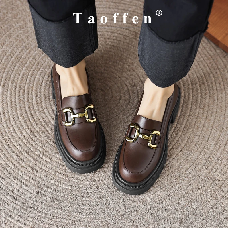 Taoffen Casual Loafers For Women Genuine Leather Square Heel Metal Decoration Pumps Mature Round Toe Slip-On Office Lady Shoes