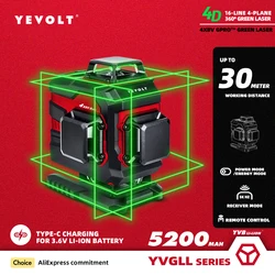 YEVOLT YVGLL4XS16PRO Series Green Laser Level 4-Plane 16-Line Self-leveling 360 4D Horizontal & Vertical 3.6V 5.2Ah Power Tools