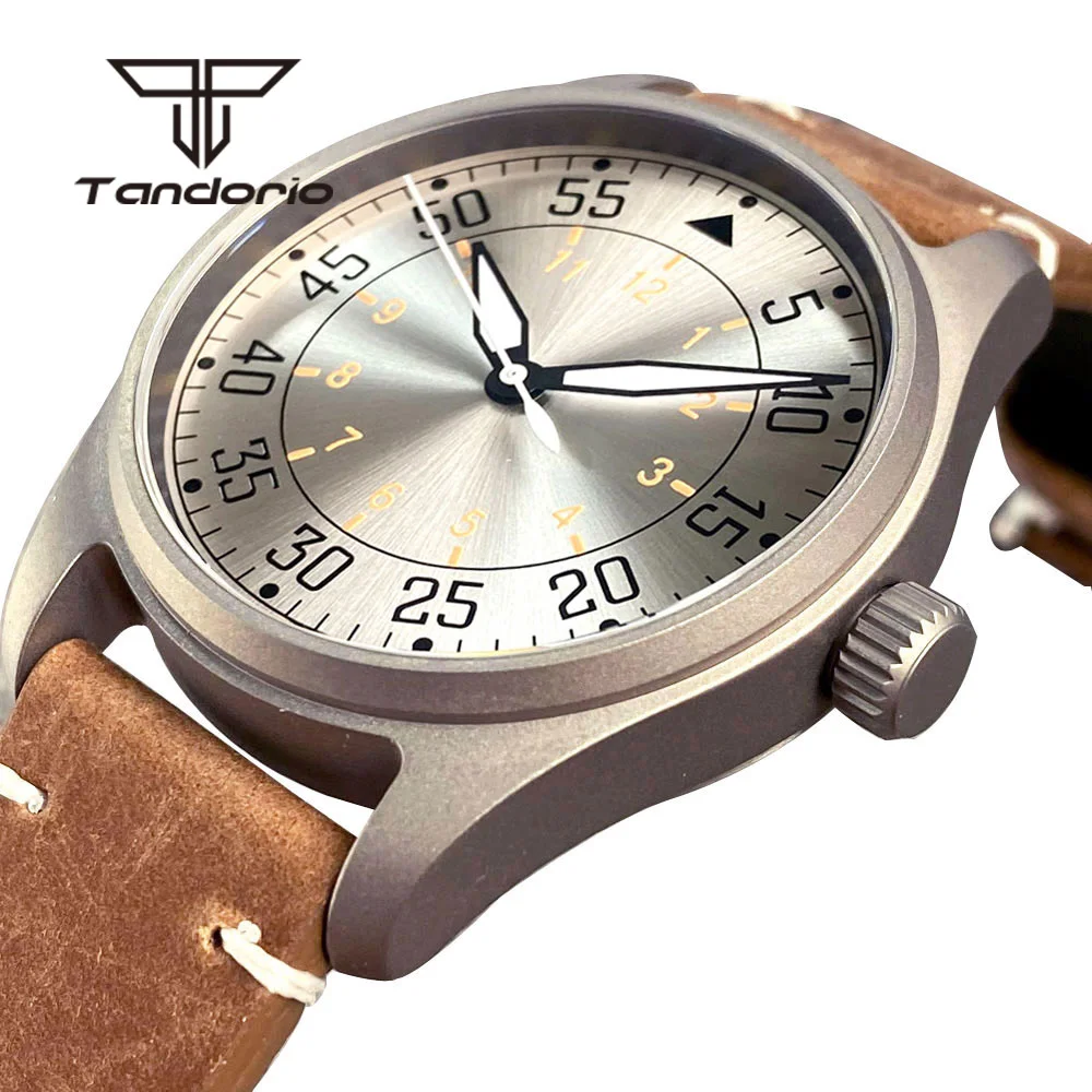 Imagem -04 - Tandorio Titânio Piloto Estilo 39 mm 200m Masculino Relógio de Mergulho Automático Luminoso Nh35 Pt5000 Safira Vidro Parafuso Coroa Couro 20bar