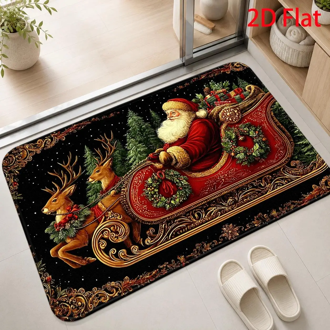 Vintage Santa Sleigh Doormat Winter Welcome Rug Golden Border Area Rug Entrance Lounge Basement Courtyard Floor Pad