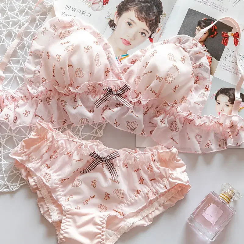 Cute Underwear Set Women Young Girl Chiffon Ruffles Lingerie Japanese Sweet Lolita Love Bow Printing Students Bra & Panties Set