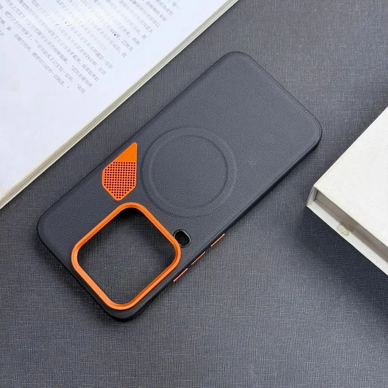 Case For IQOO 15 Ultra Luxury Magnetic Metal Heat Dissipation Orange Lens Frame Leather Cover For Iqoo15 Shockproof Funda