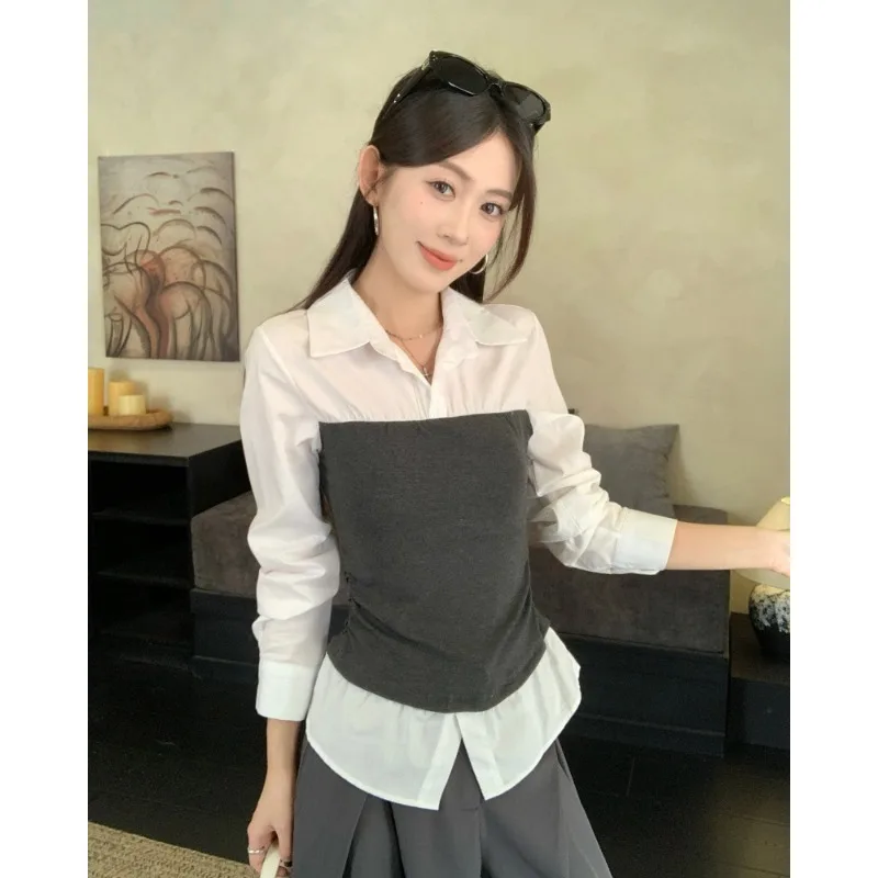 Sli V-Ne Long Sve irt المرأة لون بسيط Blo وهمية قطعتين الخريف تنوعا شخصية قمة العصرية لباس غير رسمي #4