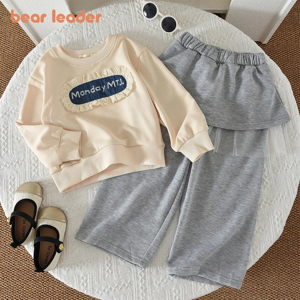 

Bear Leader 3-7 Years Casual Kids Clothes Girls Autumn Long Sleeved Lace Letter Printed Top+Gray Patchwork Pants Two-piece Set