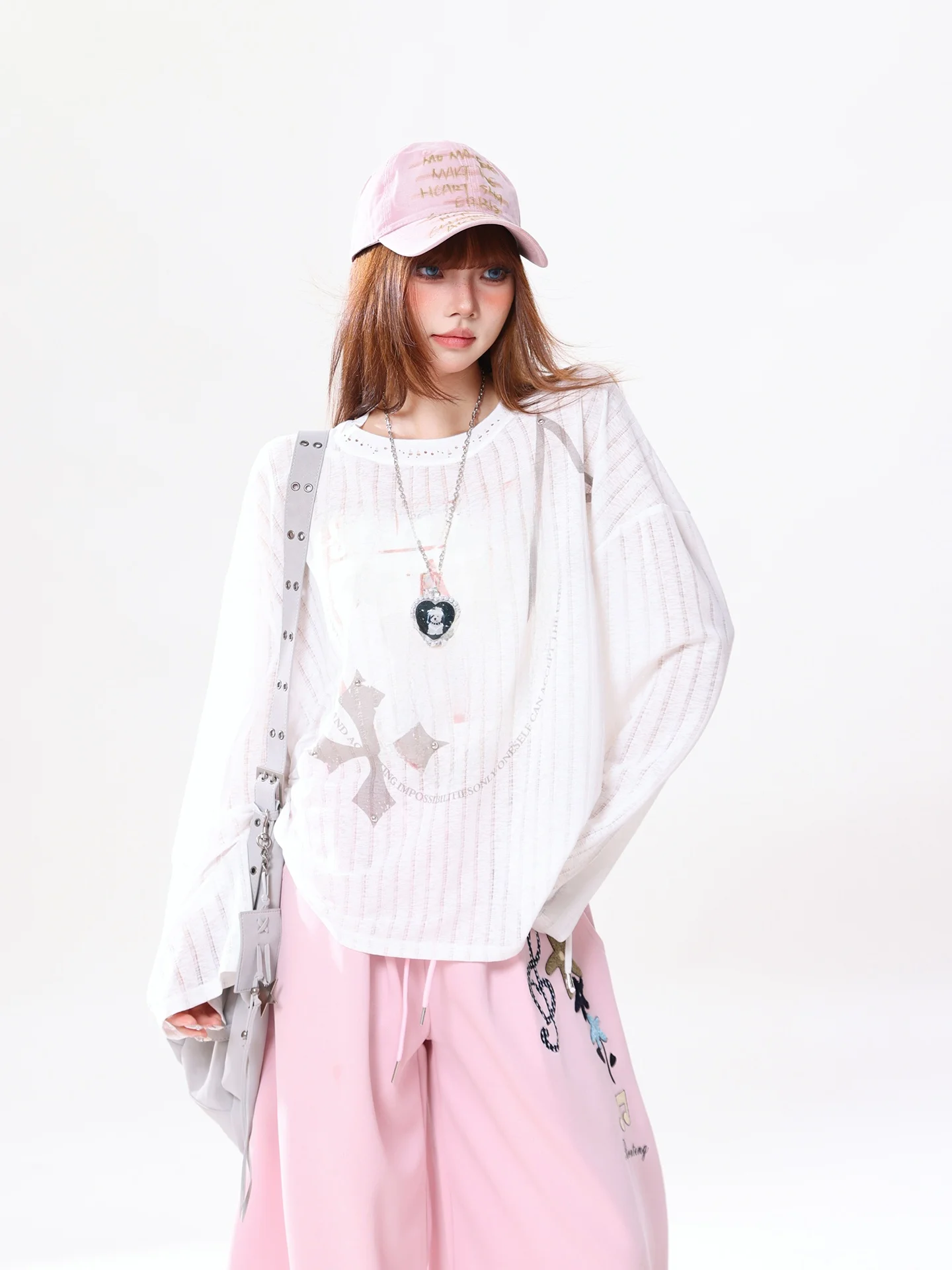 American Style Loose Long Sleeve Women's T-shirt Transparent Casual Drawstring Hem Spring 2026 New Arrival Top