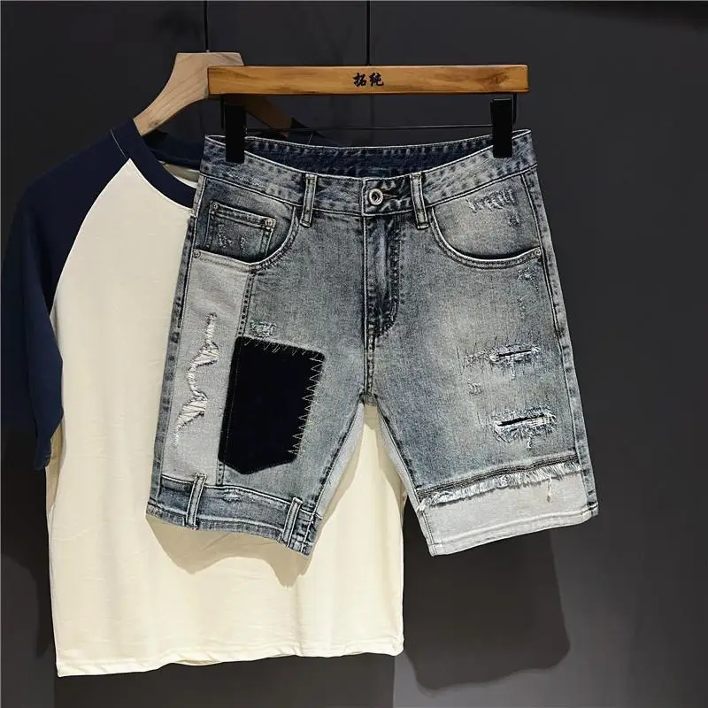 New Korean Style Clothes Korean Luxury Clothing Men\'s Knee-Length Spliced Cowboy Denim Shorts Stretch Casual Short Jeans Man