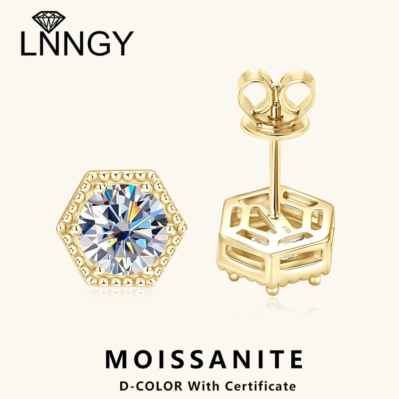 

Lnngy 925 Sterling Silver Hexagon Stud Earring Certified 6.5MM 1CT Moissanite Earrings For Women Exquisite Wedding Jewelry Gift