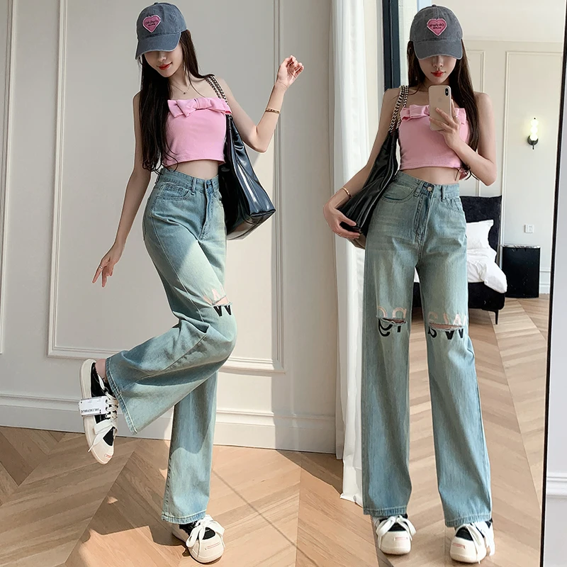 Vintage Korean‑Style Women's Embroidered Contrast Letter Wide‑Leg Jeans, Trendy Y2K Hot Girl Ripped Floor‑Length Denim Trousers