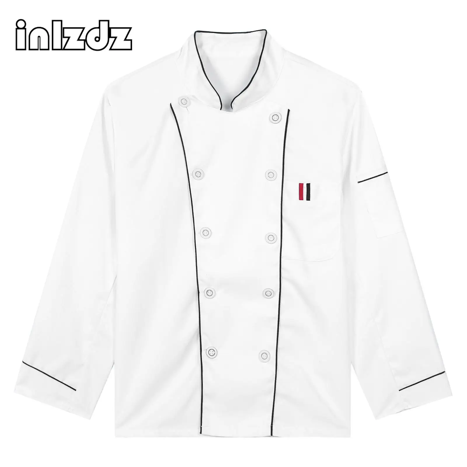 Homens e mulheres Stand colarinho botão para baixo Chef Jacket, Uniforme branco, Hotel, Restaurante, Cozinha, Padaria, Contraste de cor, Trim Cook Jacket