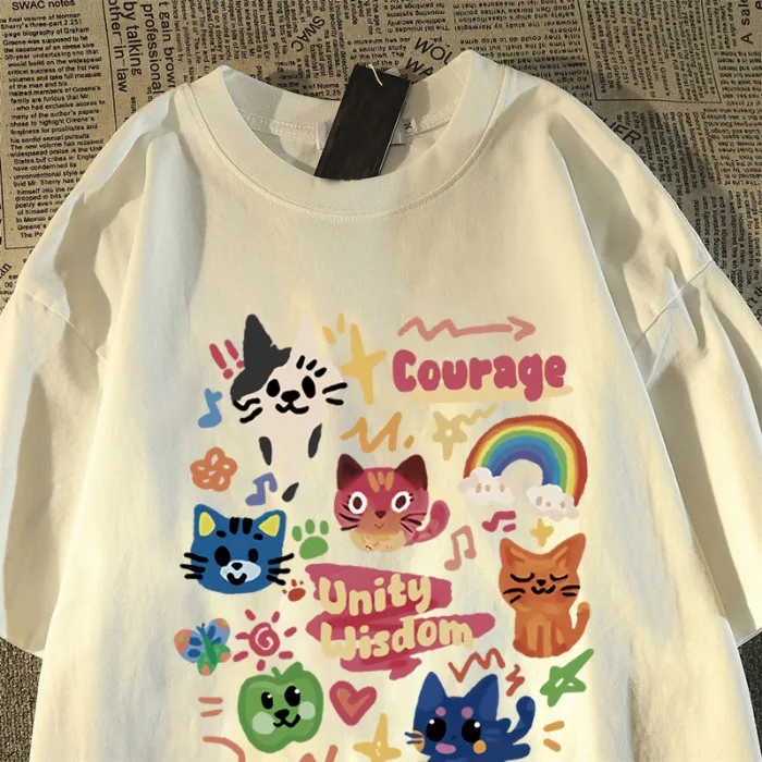 

Korean Retro Cute Cat Short Sleeved T-shirt for Men Women's Casual Loose Round Neck Summer Top