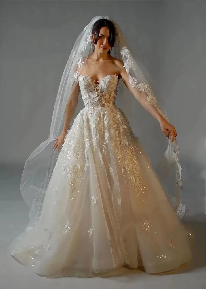 Elegant And Shiny A-Line Sheer 3D Decal Women's Wedding Dress Sexy Sweetheart Off The Shoulder Dance Bridal Gown Customized