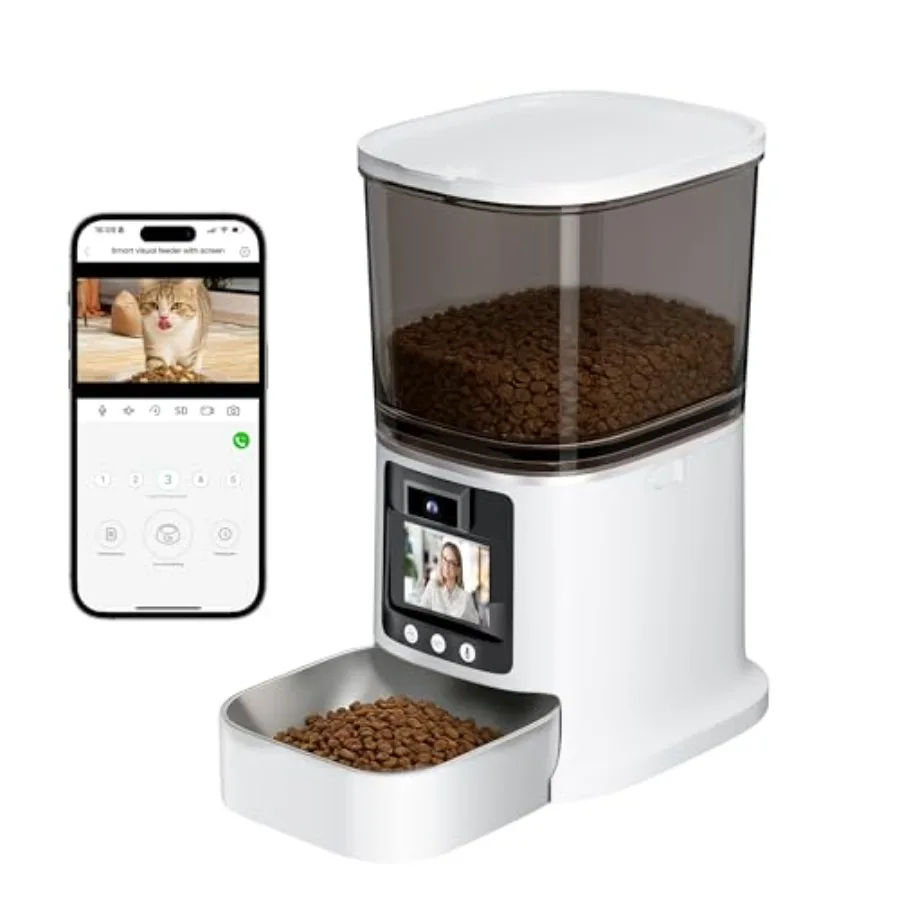 Automatic cat feeder with camera for home use, ABS plastic, white, 2-way video/audio, HD night vision, 5G WiFi, 5L food capacit