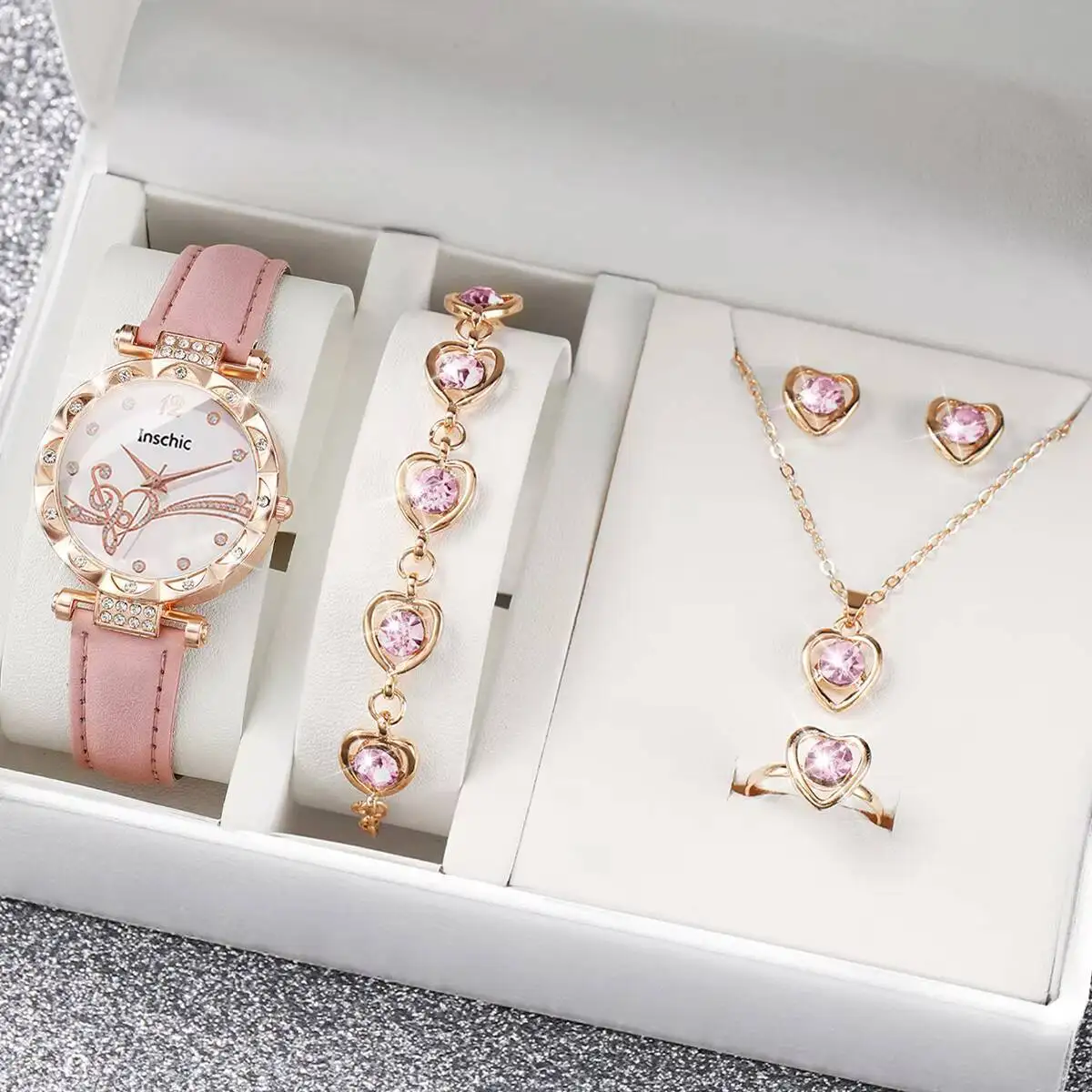 6PCS/Set Fashion Rhinestone Women's Watch Leather Band Analog Quartz Watches Heart Jewelry Set Reloj Mujer（Without Box）