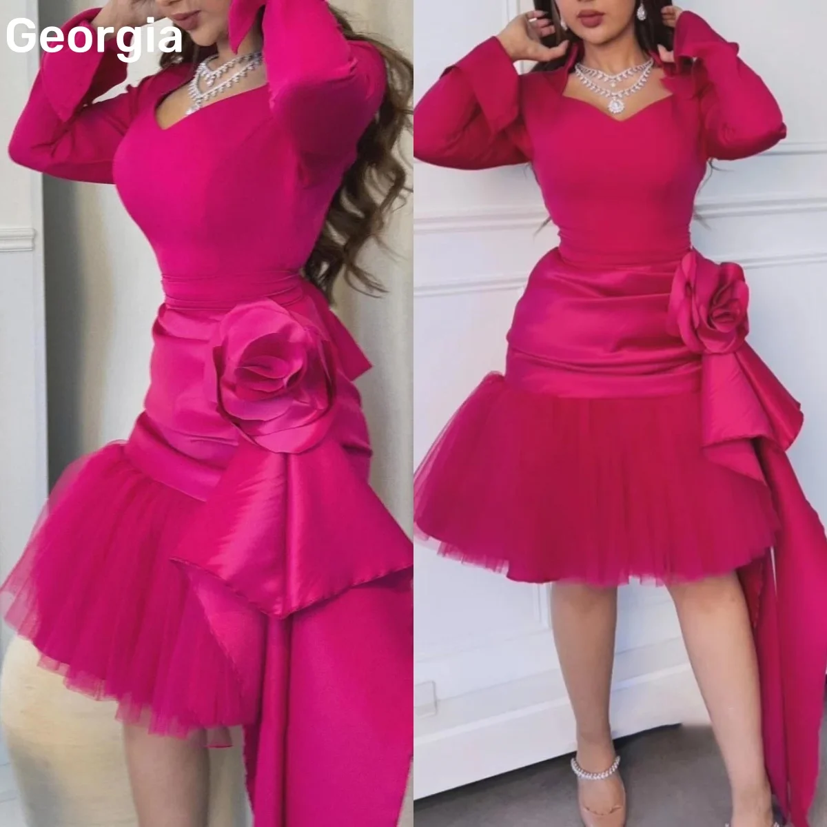 فساتين للمناسبات الخاصة Customized V-Neck A-Line Dresses For Prom Short Beadings Luxury Evening Dresses Bow Long Sleeves
