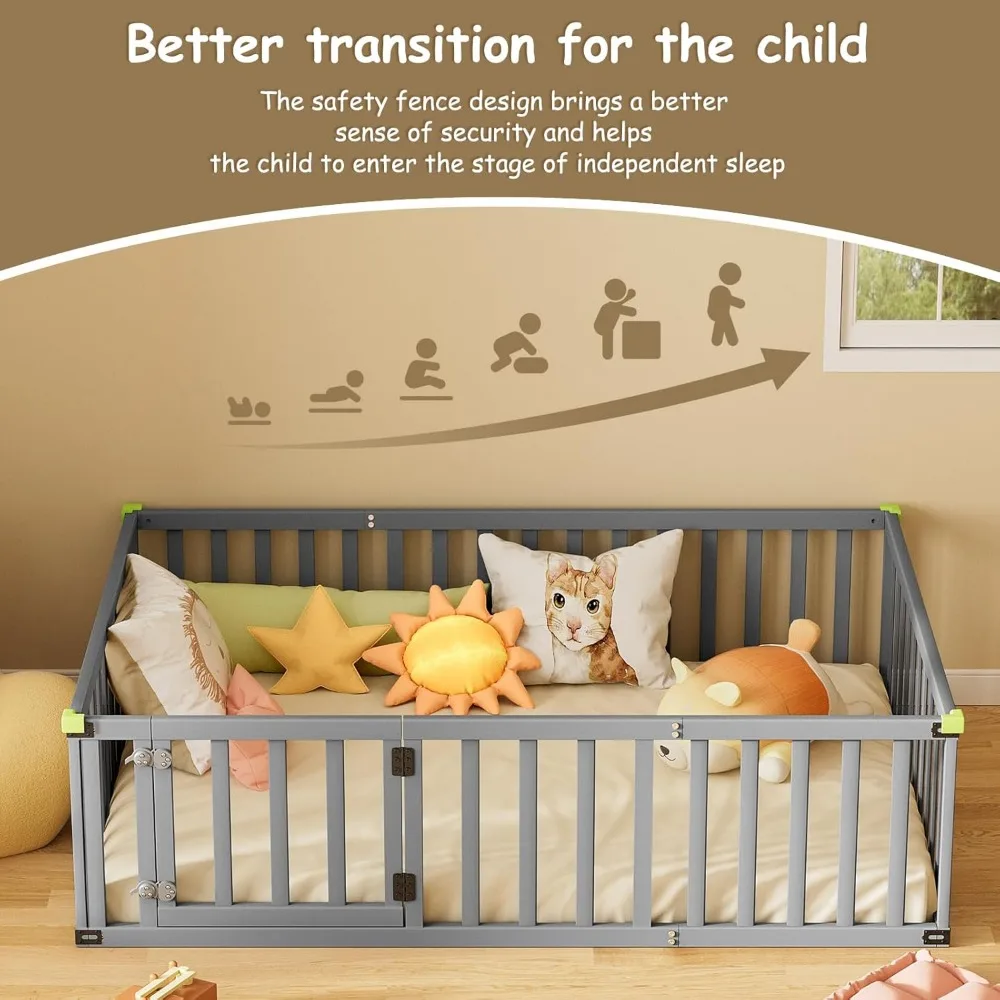 Cama de chão montessori de tamanho completo, madeira sólida, estrutura de cama de criança com porta conversível e cerca de segurança, estrutura de cama de chão para