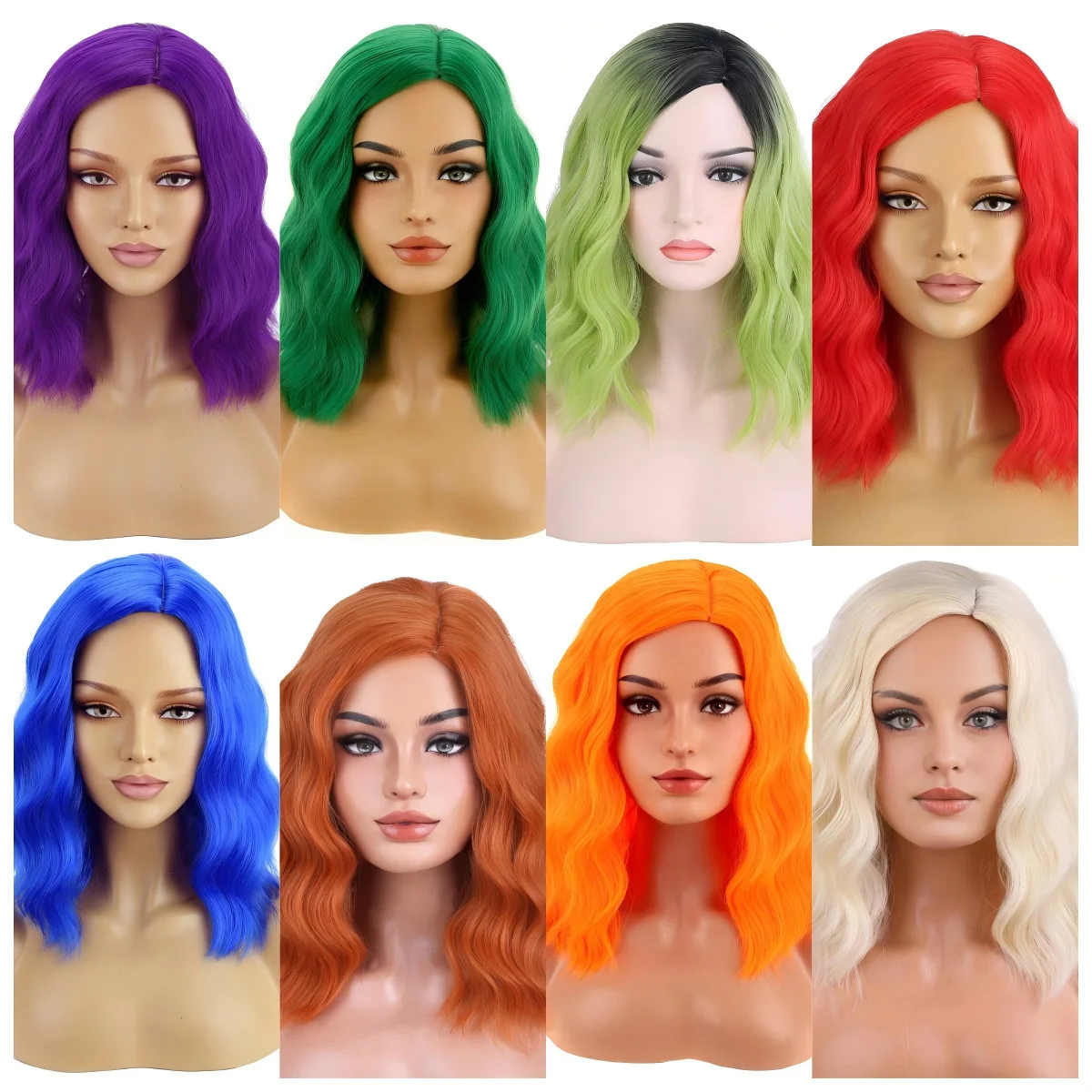 

Synthetic Cosplay Wig Short Wavy Colored Hair Costume Wig Side Part Bangs for Halloween Party Anime Festival Shoulder Length