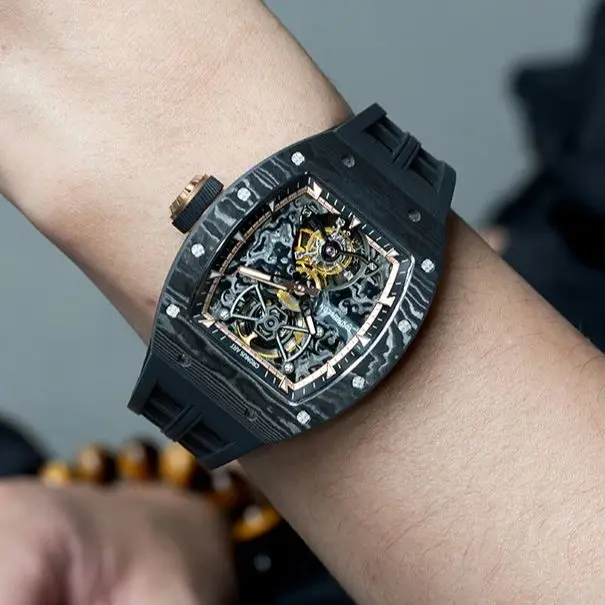CRONUSART Men Tourbillon Watch Luxury 50mm Tonneau Mechanical Wristwatch Carbon Fiber Case & Dial Luminous Limited Version