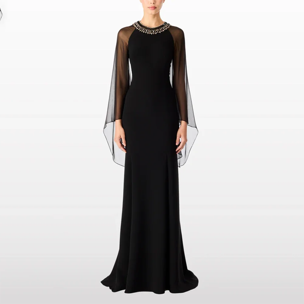 

Customized Black O-Neck Long Evening Dresses Elegant Formal Occasion Prom Gowns Bead Crystal 2025 Floor Length Prom Dresses