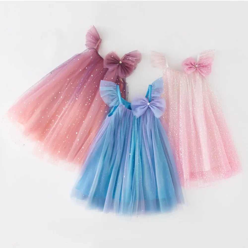 Bear Leader Summer New Girls Dresses Mesh Sequin Rainbow Princess Dress Sleeveless Children's Clothing+Bow Hair Accessories