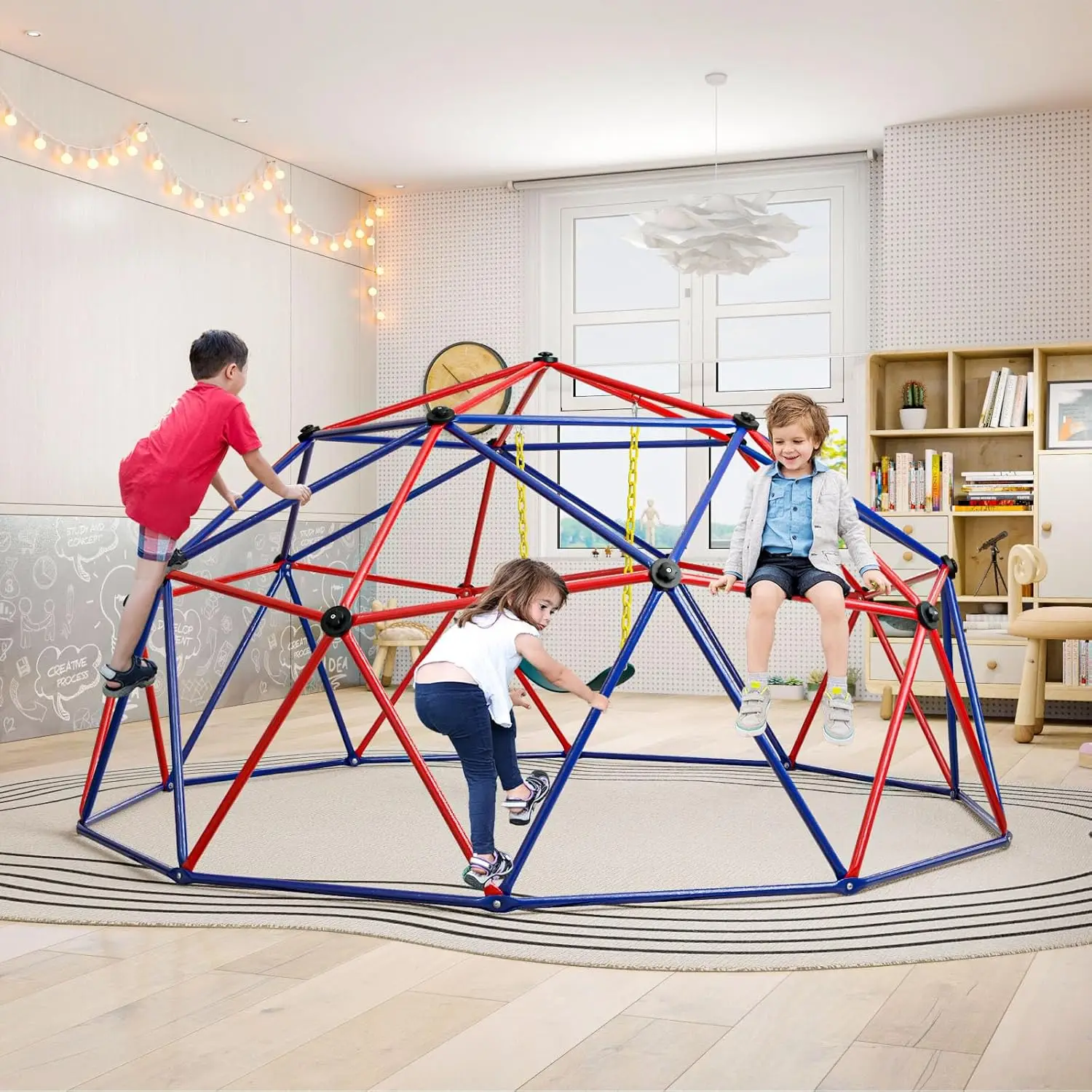 โดมปีนเขาพร้อมสวิง, 10FT Kids Jungle Gym Monkey Bar ของเล่นปีนเขาสําหรับกลางแจ้ง, รับน้ําหนักได้ถึง 800 ปอนด์, โดมเรขาคณิตในร่ม