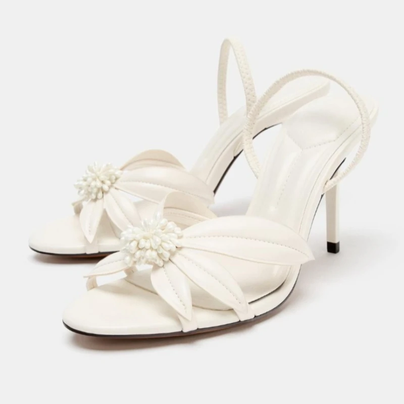 

Elegant String Bead Flower Slingback Heel Sandal Women Fashion Cross Tied Open Toe Heels Luxury Designer Shoe White Bridal Shoes