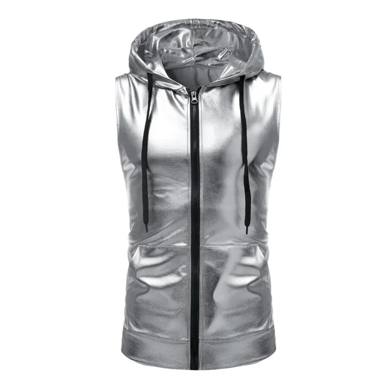 #4138 Gold Silver Black Tank Top Men Summer Plus Size Hooded Vest Zipper Streetwear Shinny Sleeveless Tshirt Man Dance Hip Hop