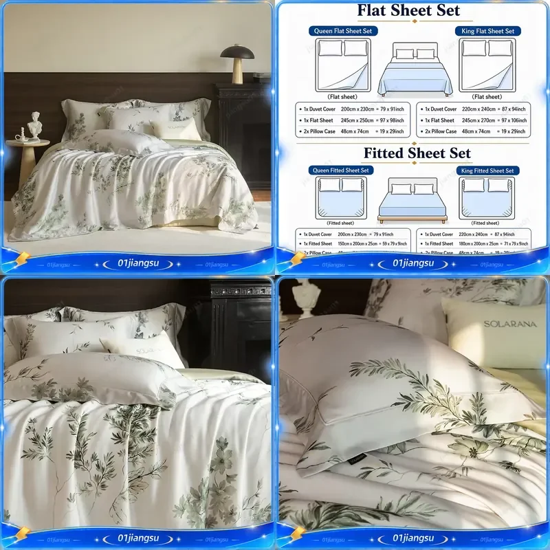High Count Lyocell Silky Cooling Bedding Set Green Leaf Print Duvet Cover Sheet Pillowcases King Queen Size Soft Breathable