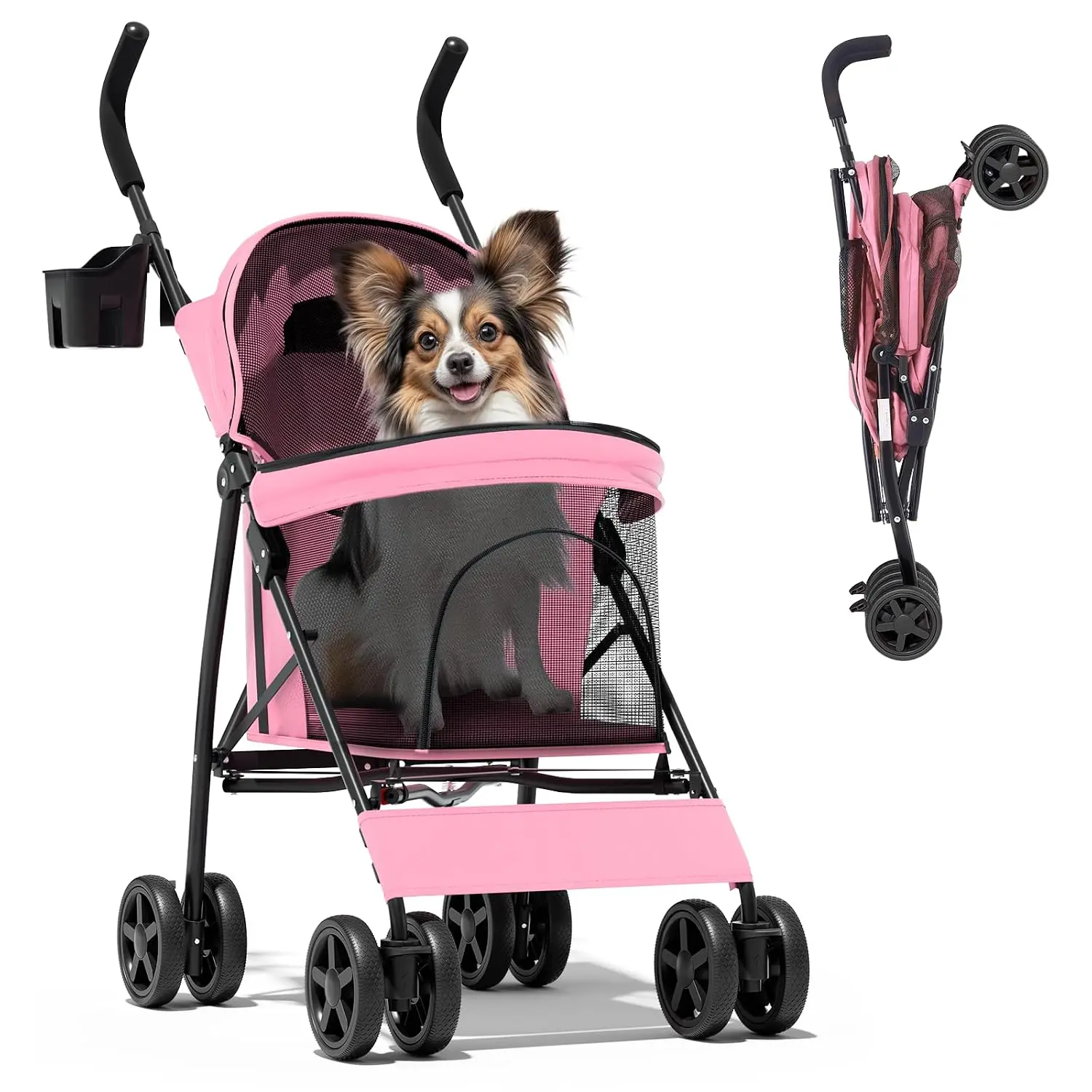 Compact Fold Pet Travel Stroller for Small Dogs Cats, Pink, Customized
