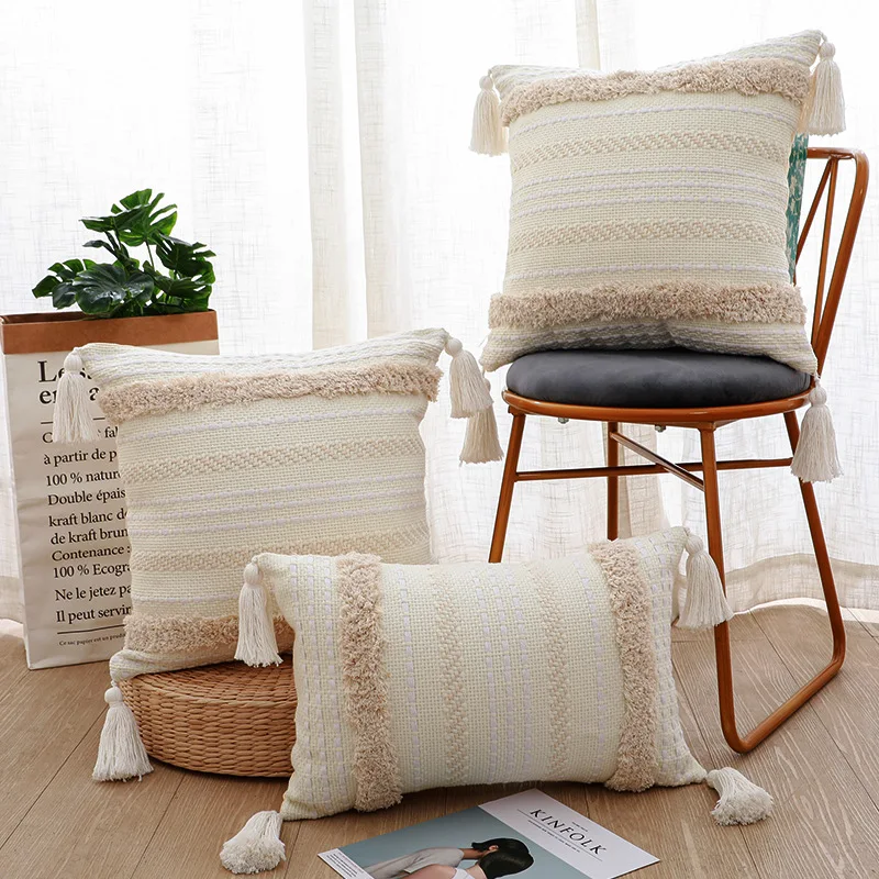 Bohemian Moroccan Cushion Cover 50x50cm Beige Cotton Tufted Woven Throw Pillowcase Funda Cogines De 45x45 Decor Home and Sofa