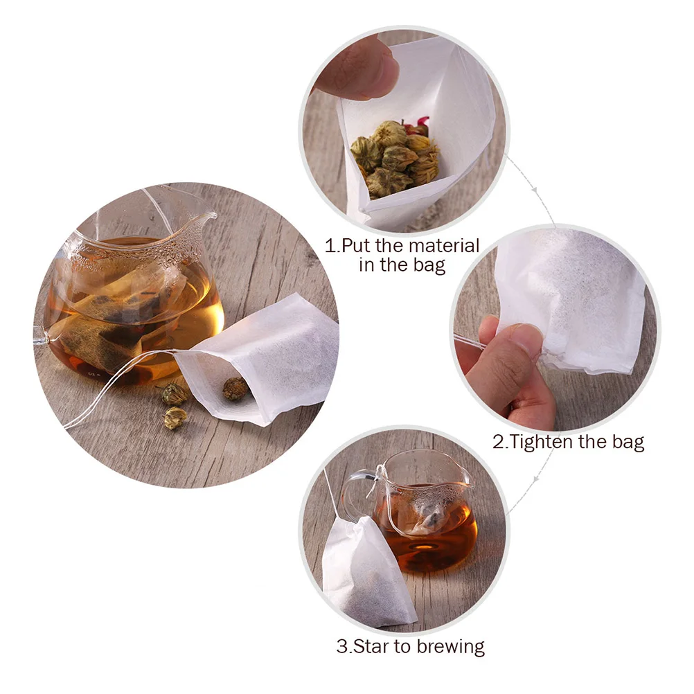 

100pcs Filter Paper Tea Bags Empty Drawstring Sachets Loose Leaf Coffee Herbs Strainer Universal for Cups Mugs Food for Tea