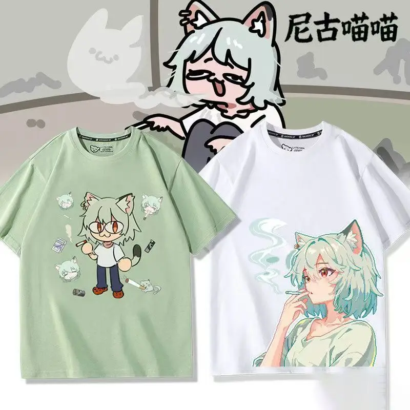 Anime YaniNeko T-Shirt Cute Cartoon Fluffy Smoking Cat Print T-Shirt Unisex Summer Cotton Short Sleeve Top