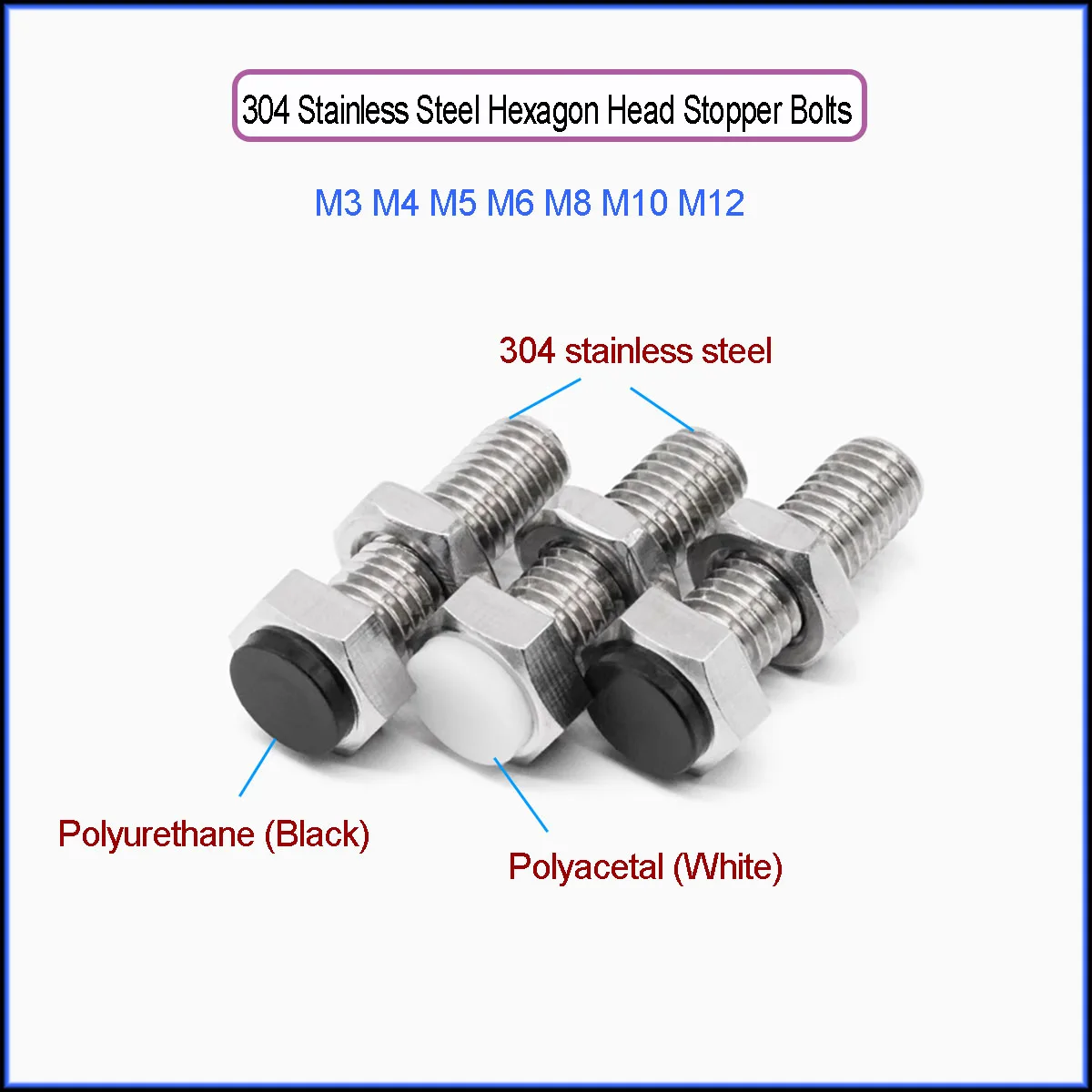 

304 Stainless Steel Hexagon Head Stopper Bolts with Urethane Bumper Limit Screws Anti-collision Buffer Adjustment