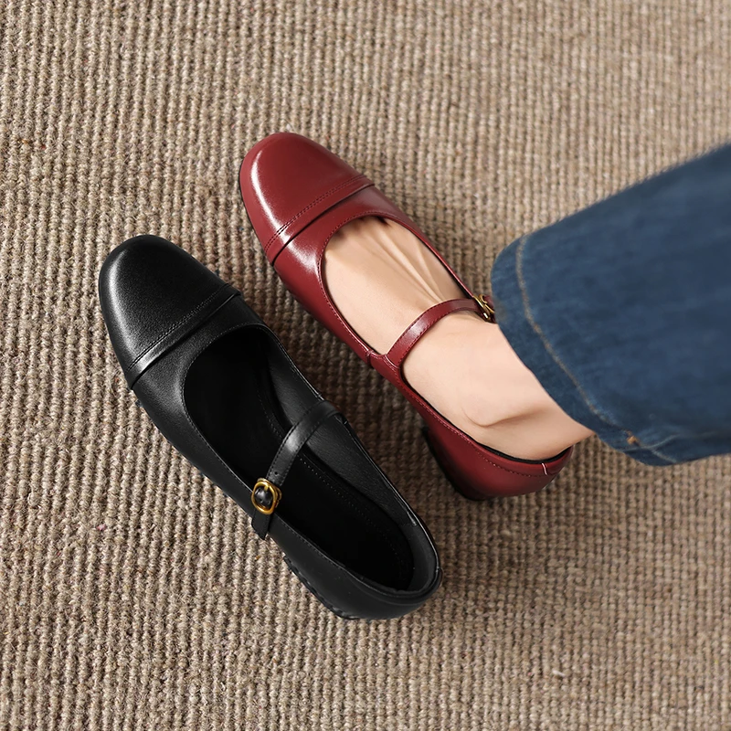2026 new spring autumn women pumps natural leather plus size 22-26cm cowhide+sheepskin+pigskin buckle mary janes women shoes