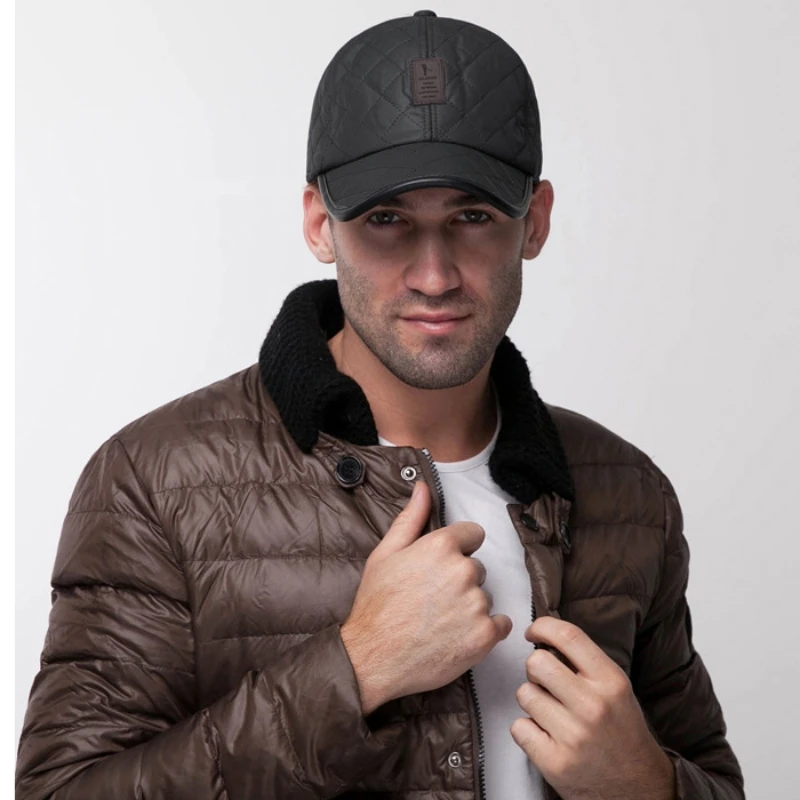 Winter Genuine Leather Men's Baseball Caps Thick Warm Earmuffs Hat Fashion Waterproof Hats Adjustable Bomber Hats High Quality