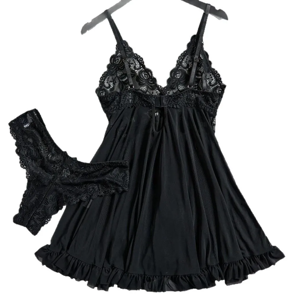 أزياء من الدانتل تقليم جنسي الملابس الداخلية الخامس الرقبة تصميم بلون الدانتيل باس النوم لينة النسيج البسيطة طول فستان شفاف ملابس خاصة #3