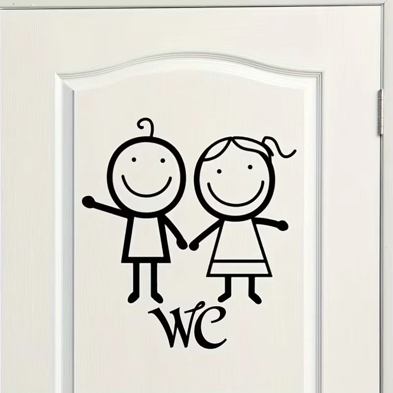 Decorative Wall Decals Featuring Artistic Cartoon-Style Illustrations of a Boy And a Girl Holding Hands, Along with a 'WC' Logo,