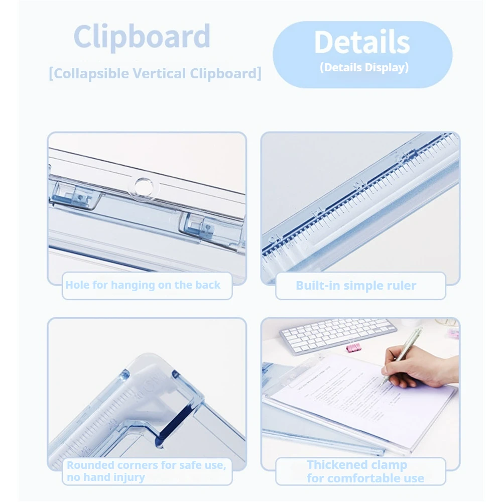 1Pc Clear Clipboard with Pen Clip and Measuring Ruler Stand Writing Board， A4 Letter Size Memo Clipboards for School, Office