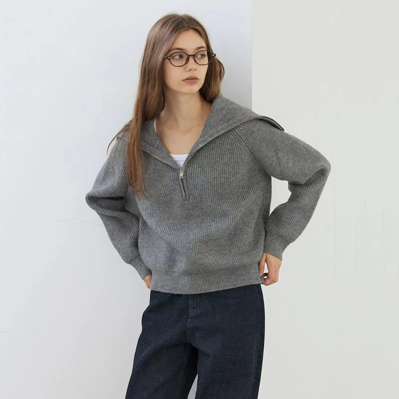 Vintage Lapel Zipper Knit Sweater for Women Autumn Thick Loose Casual Gray Pullover Female Korean Long Sleeve Simple Jumpers