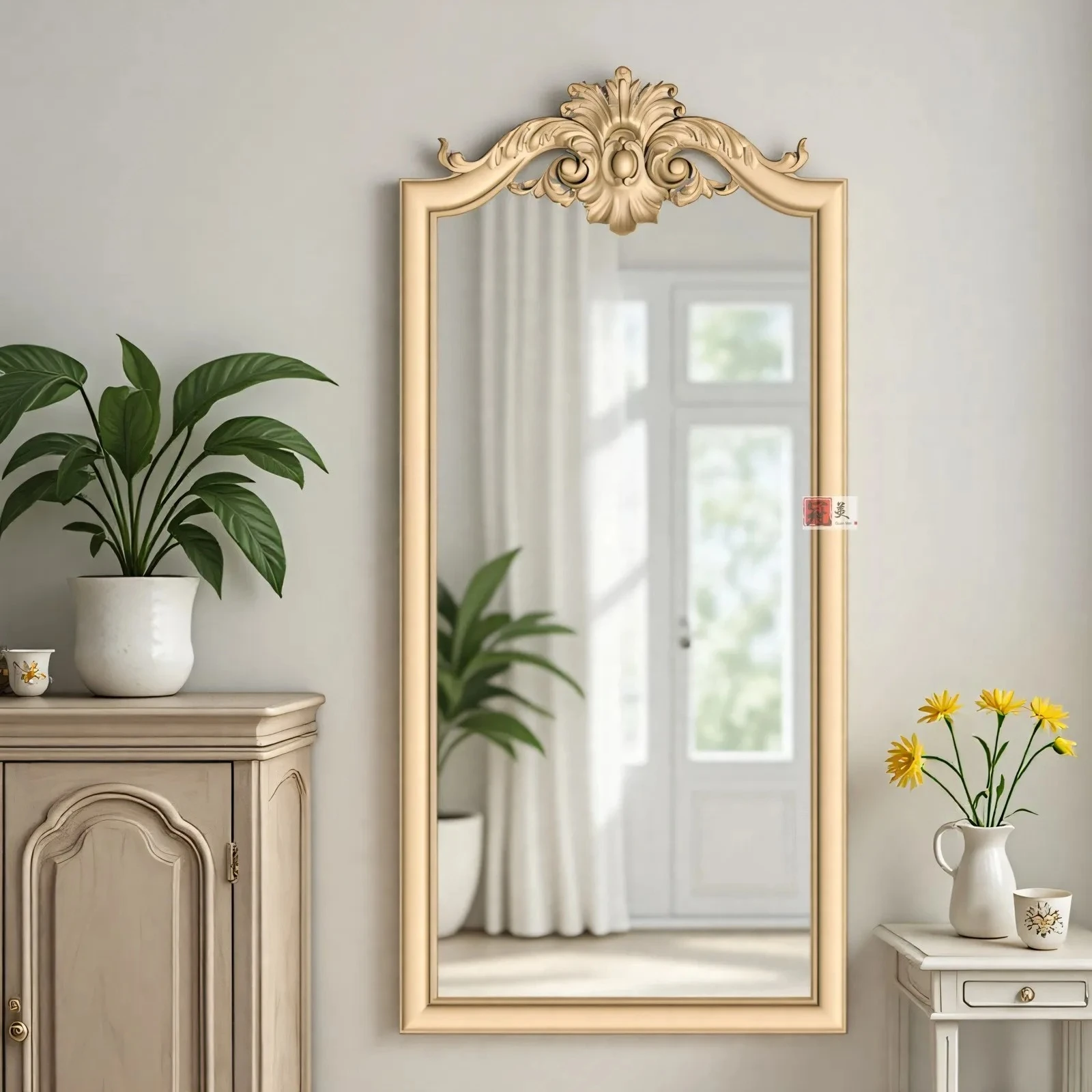 

French retro full-length mirror wooden carving, clothing store fitting mirror, home bedroom floor mirror