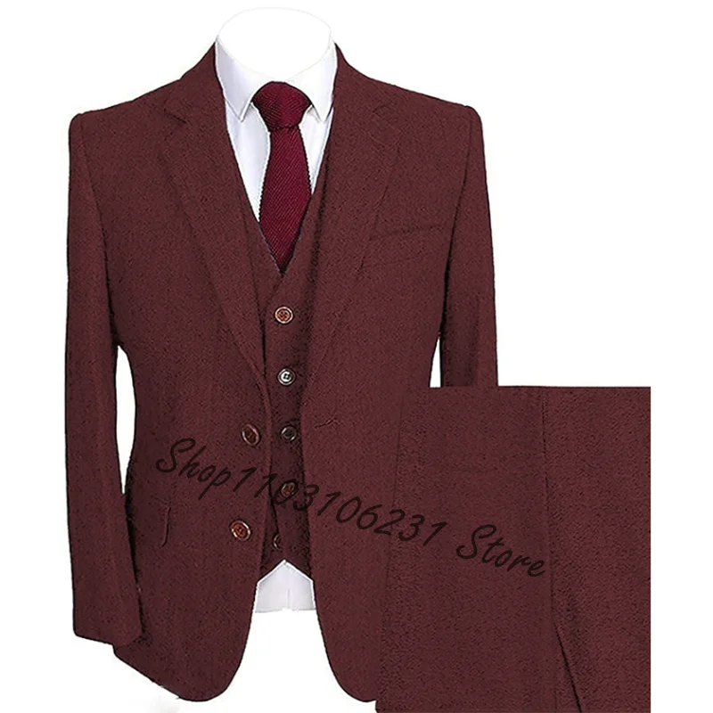 Formal Business Men Suits Slim Fit Tweed Herringbone Tuxedos Groom Wedding Suits For Men Notched Lapel Male Blazer Costume Homme