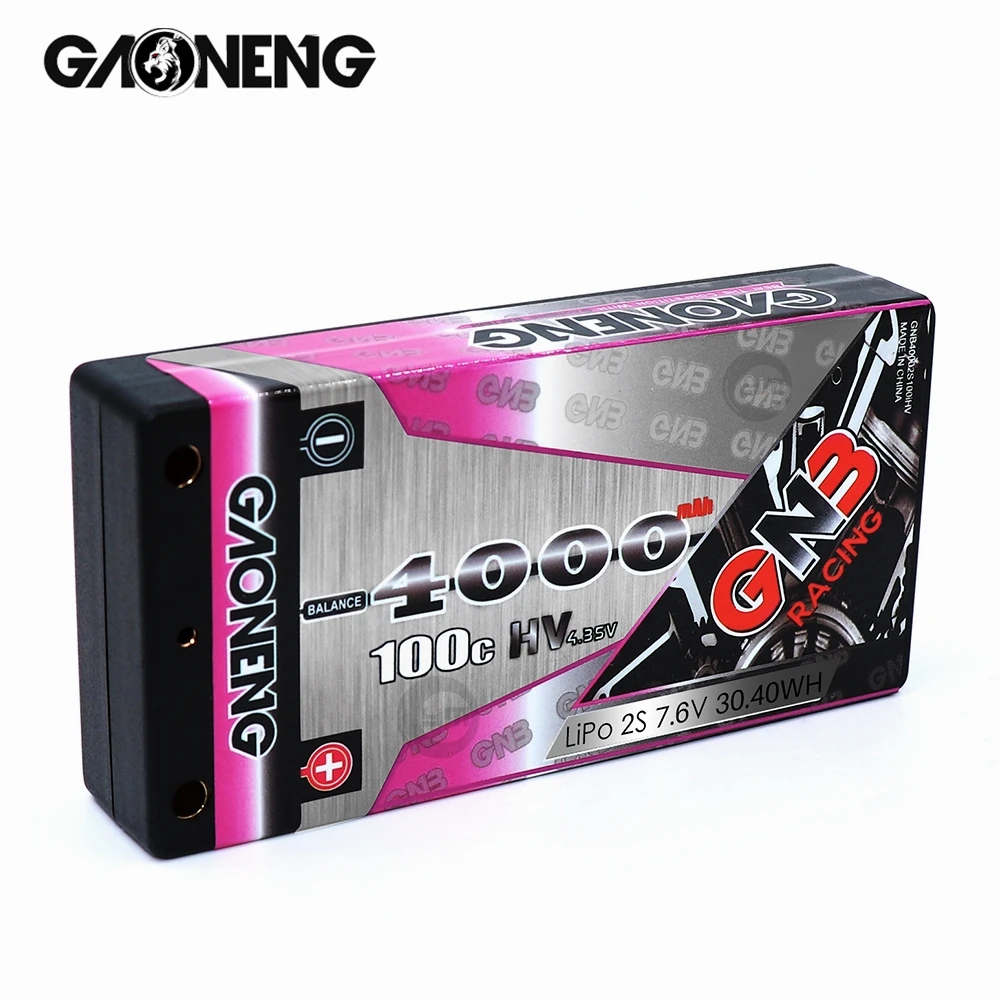 Gaoneng GNB 4000mAh 2S 7.6V 100C Low Profile Hardcase Shorty LiPo Battery 4.0mm Bullet XT60/T-Plug Plug for Racing RC Car Boat